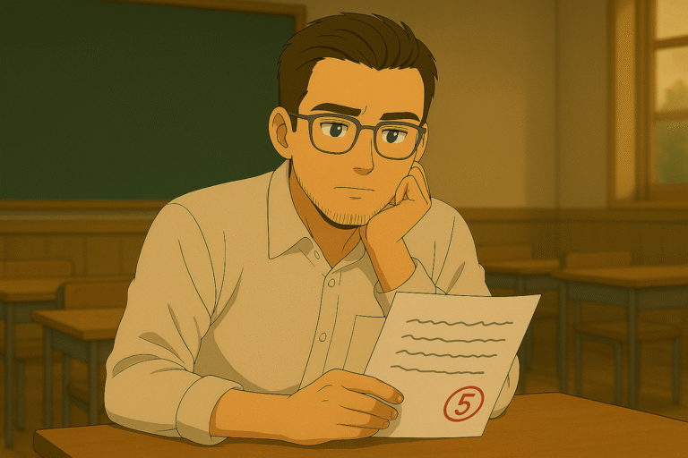 učitel zamyšleně hledí na domácí úkol se známkou pět