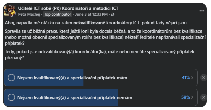anketa v profesní skupině na facebooku k problematice přiznání specializačního příplatku bez kvalifikace