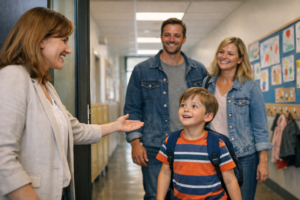 Učitelka vítá ve škole dítě (žáka) a jeho rodiče (zákonné zástupce žáka) v prostorách školy u příležitosti zápisu k povinné školní docházce (zápis do 1. ročníku základní školy)