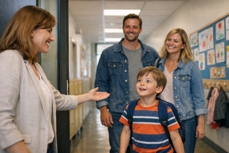 Učitelka vítá ve škole dítě (žáka) a jeho rodiče (zákonné zástupce žáka) v prostorách školy u příležitosti zápisu k povinné školní docházce (zápis do 1. ročníku základní školy)